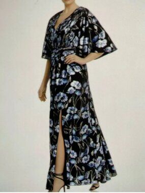Adrianna Papell Metallic Floral Print Flutter Sleeve Maxi Gown SZ 6